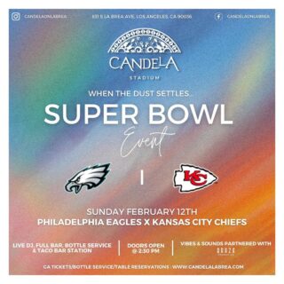 We will be hosting another epic SuperBowl Sunday 2.12.23 this year! Join us or book your table!

TICKETS IN BIO!

📍 Join us at Candela Stadium 
🗓️ February 12th
⌚️ Doors open at 2:30 PM 

Live DJ | Full Bar | Table Service | Taco Bar Station

#SuperBowl #Hollywood #LosAngeles #SuperBowlParty